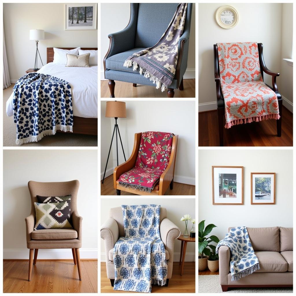 A collage showing various art blankets displayed in different room settings, showcasing their versatility and aesthetic appeal