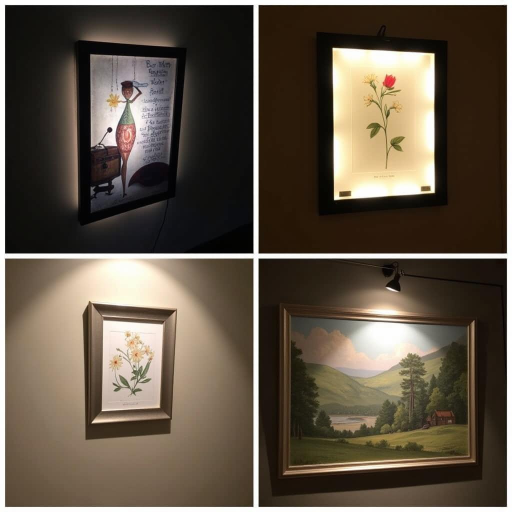 Different styles of lighted framed art showcasing various lighting techniques and frame designs.