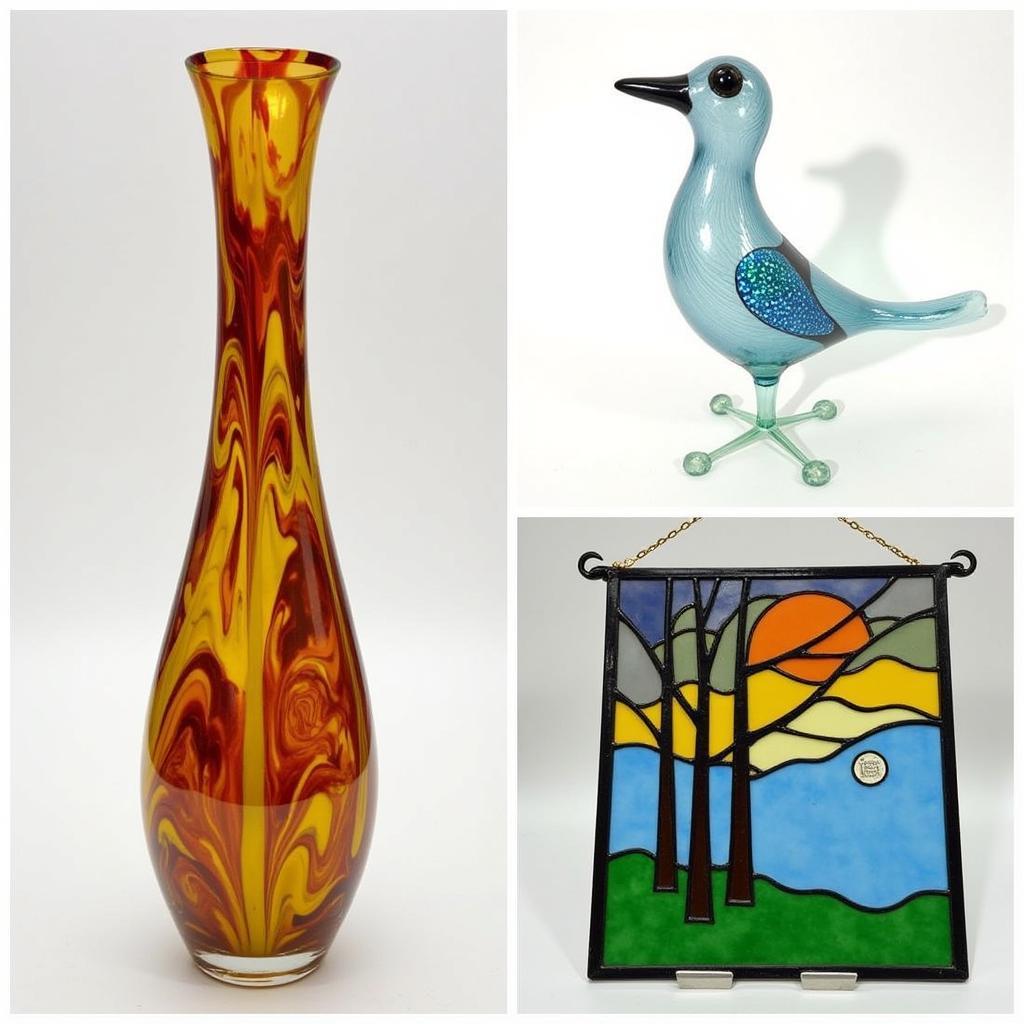 Different forms of signed glass art, including sculptures, vases, and panels.