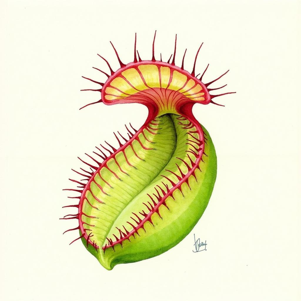 Venus Flytrap Watercolor Painting Depicting the Translucence of the Trap