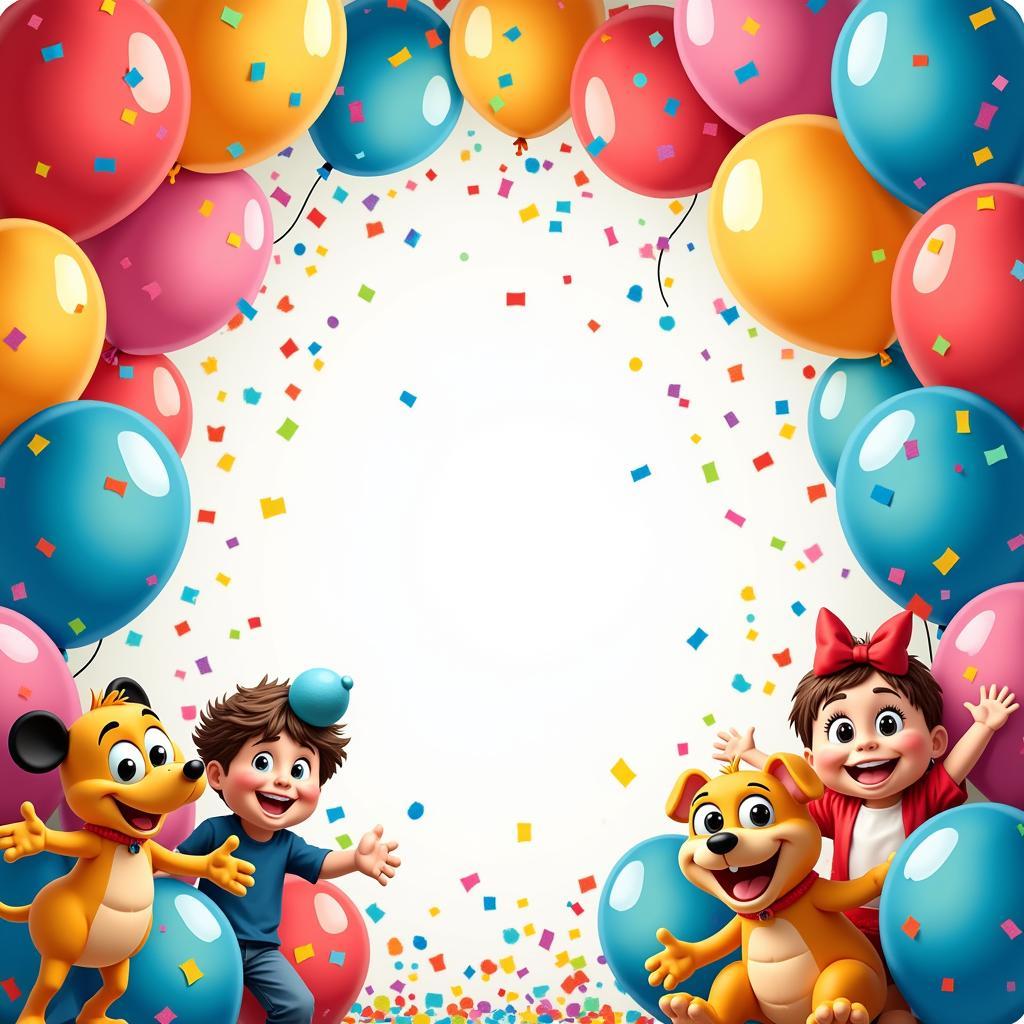 Vibrant Kids Birthday Party Art Backdrop with Colorful Balloons and Cartoon Characters