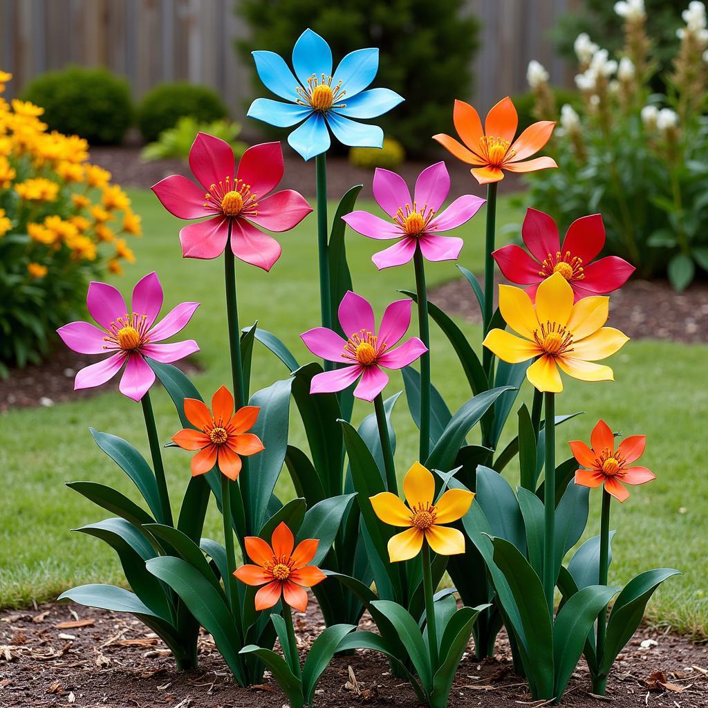 Vibrant metal flower garden sculptures add a pop of color.