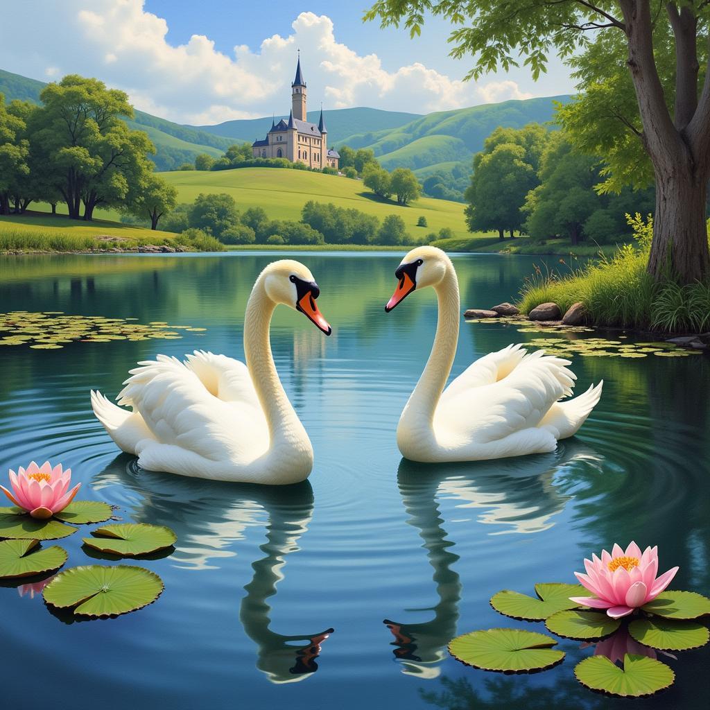 Victorian Swan Painting Romantic Scene