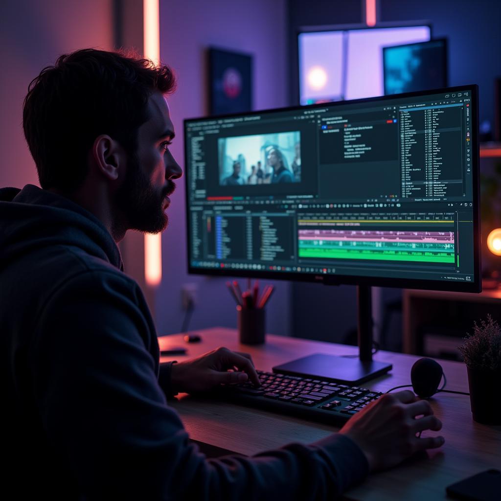 Video editor working on a film editing project in a professional studio