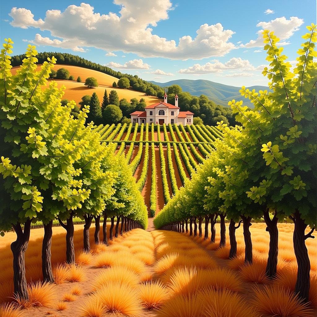 Vineyard Landscape Painting with Rustic Charm