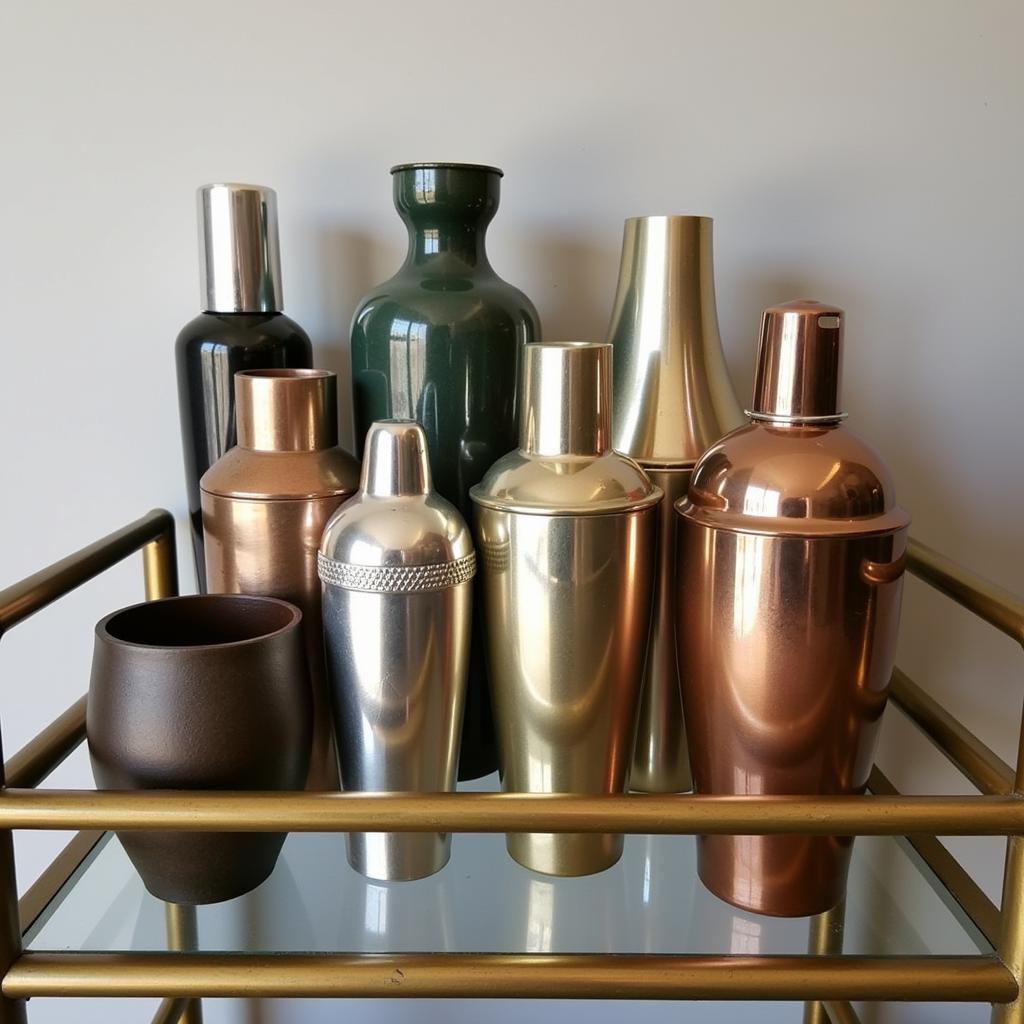 Vintage Art Deco Cocktail Shaker Collection Displayed on a Bar Cart