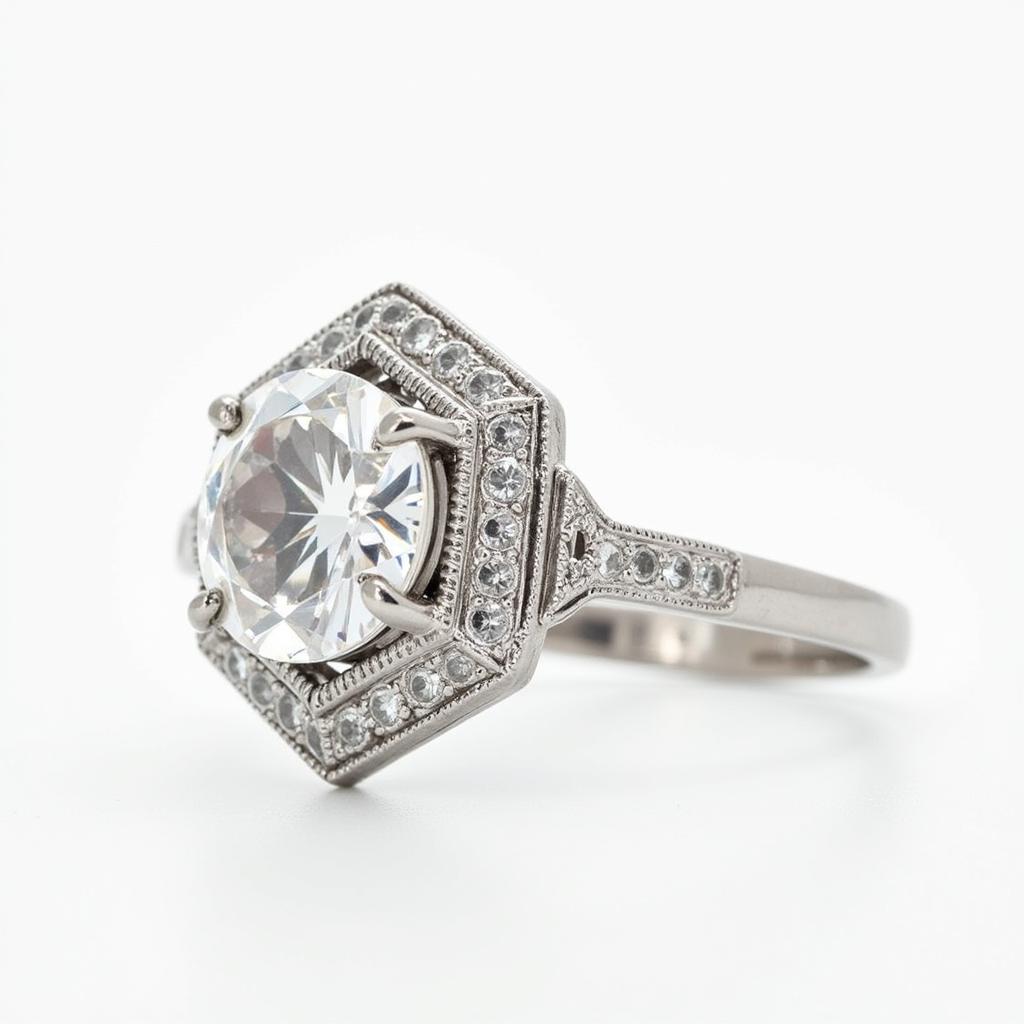 A stunning platinum vintage art deco engagement ring featuring a brilliant-cut diamond surrounded by intricate geometric details.