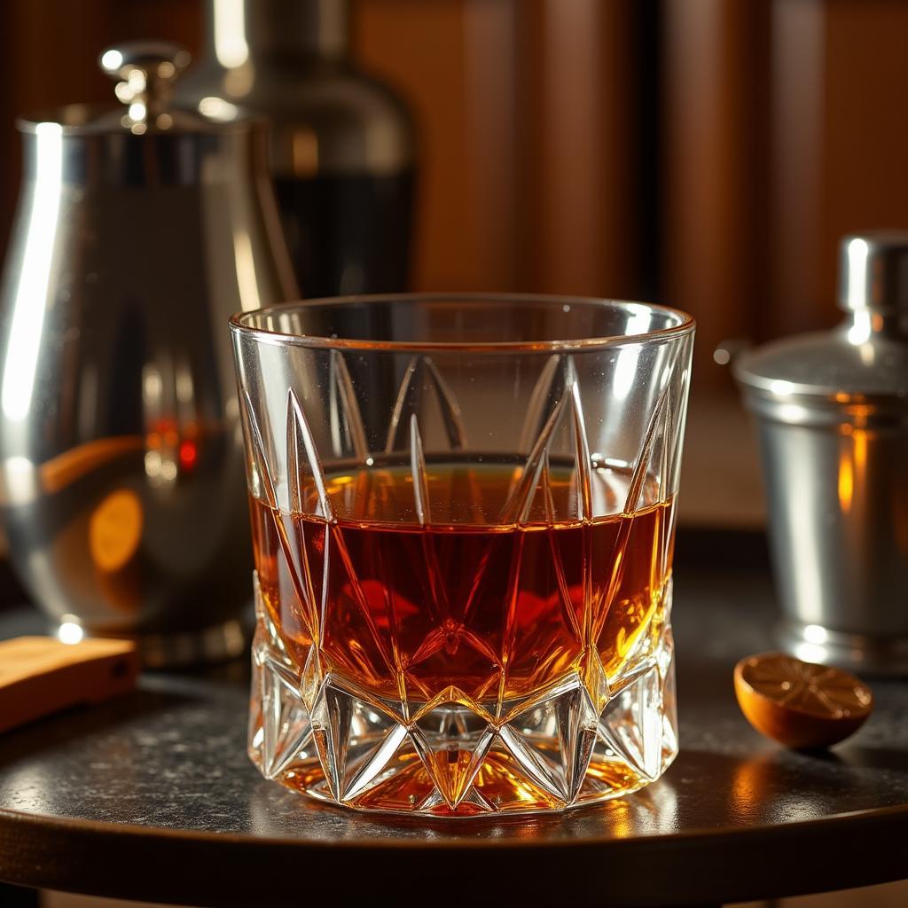 A vintage art deco rocks glass filled with amber whiskey, sitting on a bar cart with other period accessories.