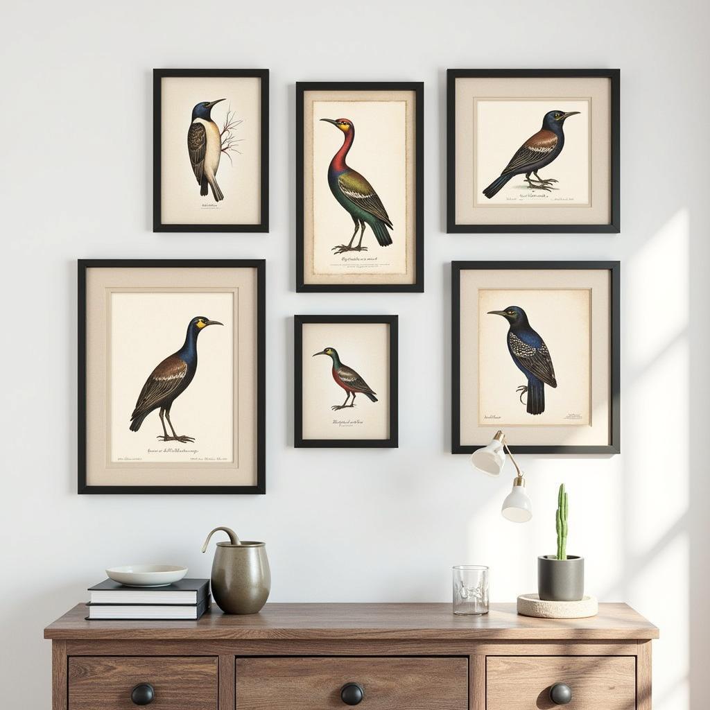 Vintage bird illustrations on a gallery wall