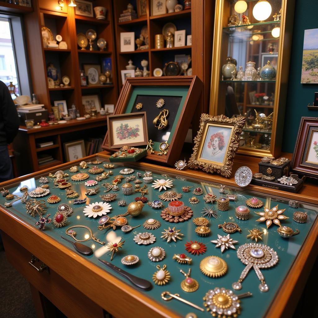 Vintage Brooch Display in an Antique Shop