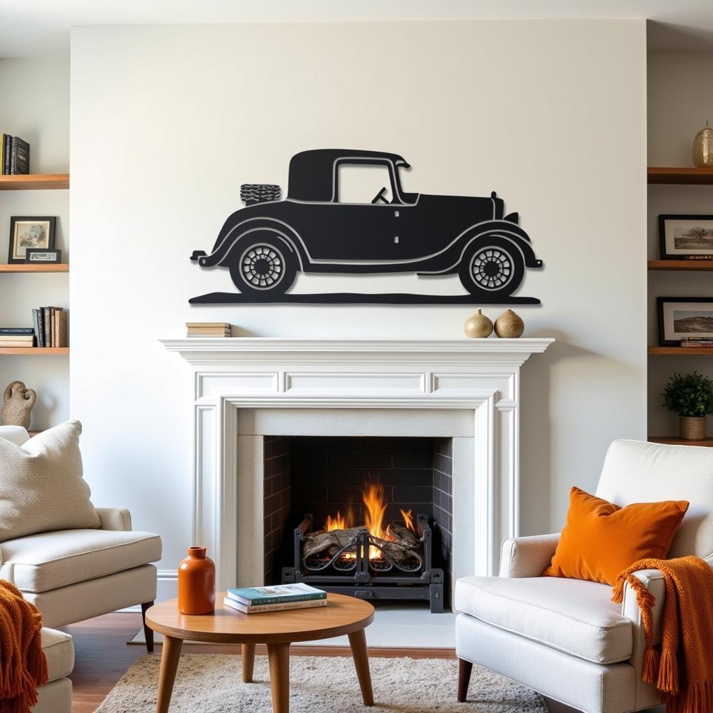 Vintage Car Metal Wall Art in a Living Room