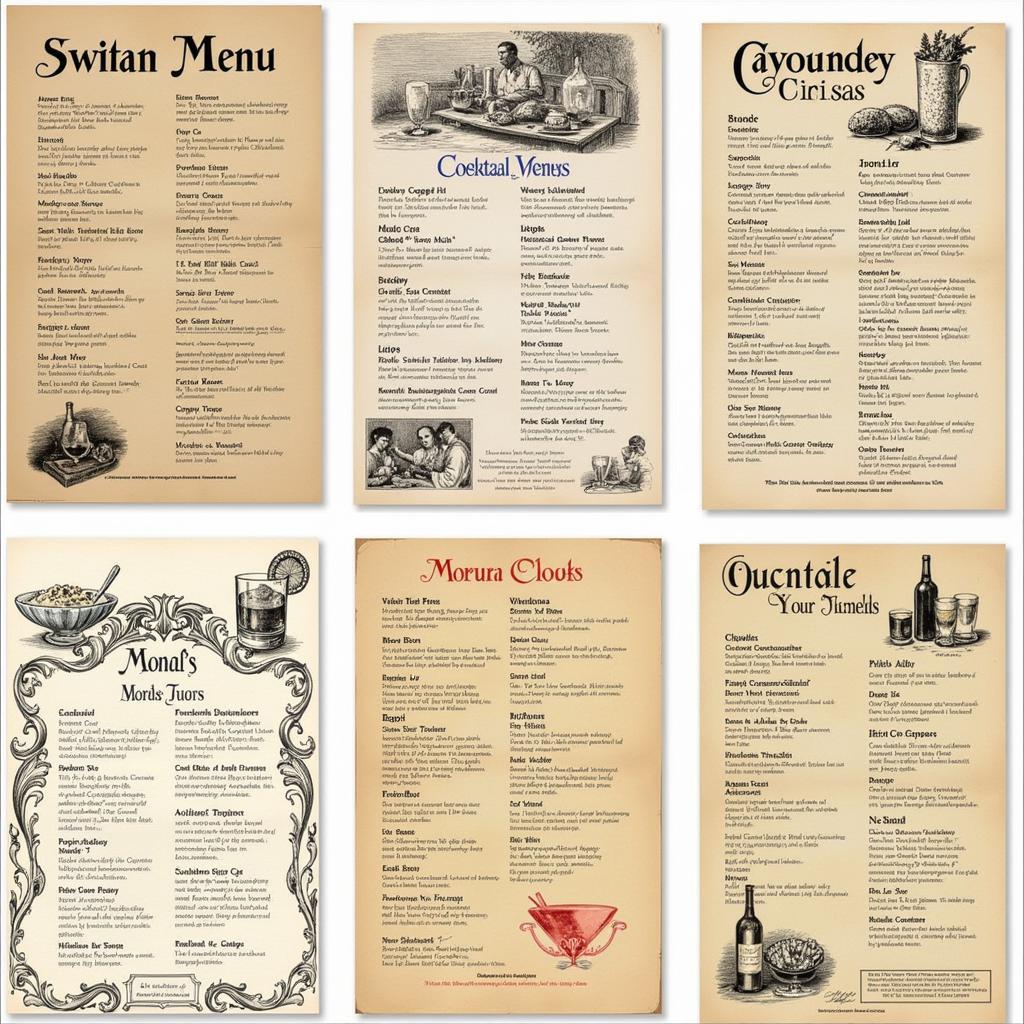 Vintage Cocktail Menu Designs: A selection of beautifully illustrated cocktail menus from different eras, showcasing diverse artistic styles and typographic treatments.