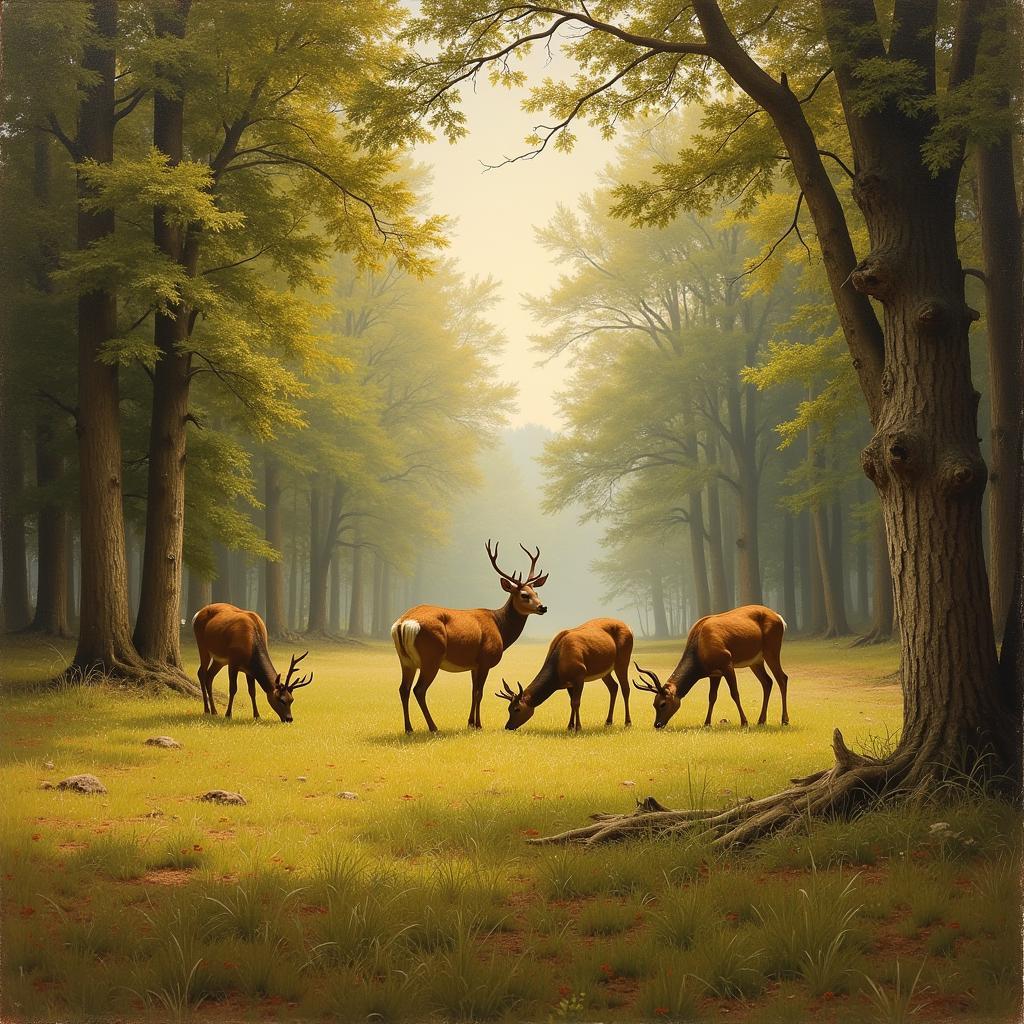 Vintage Deer Art Romantic Landscape Painting