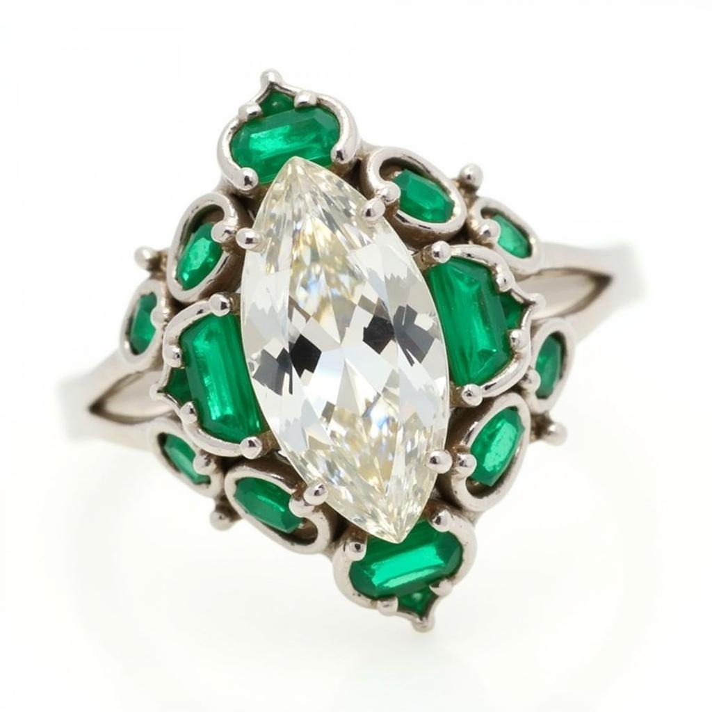 Vintage Marquise Art Deco Ring with Emerald Accents