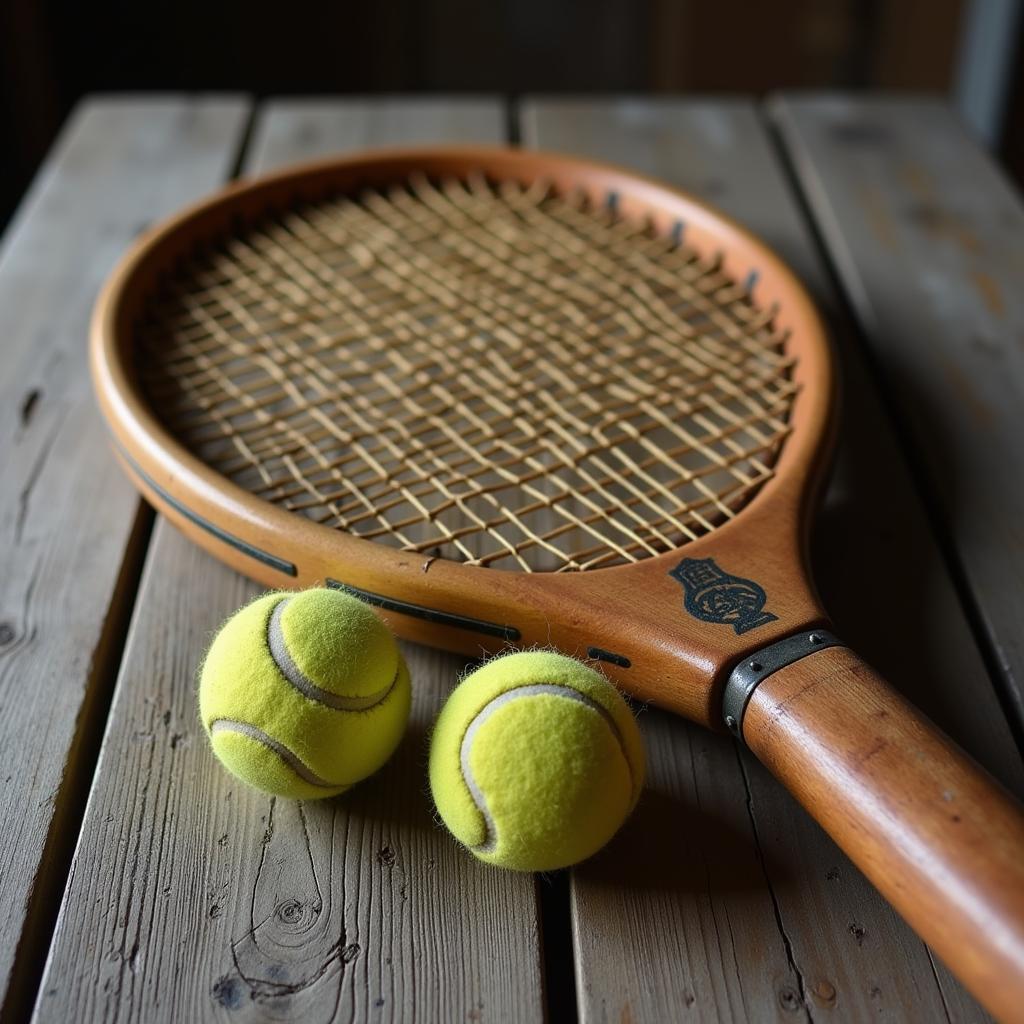 Vintage Tennis Racket and Balls