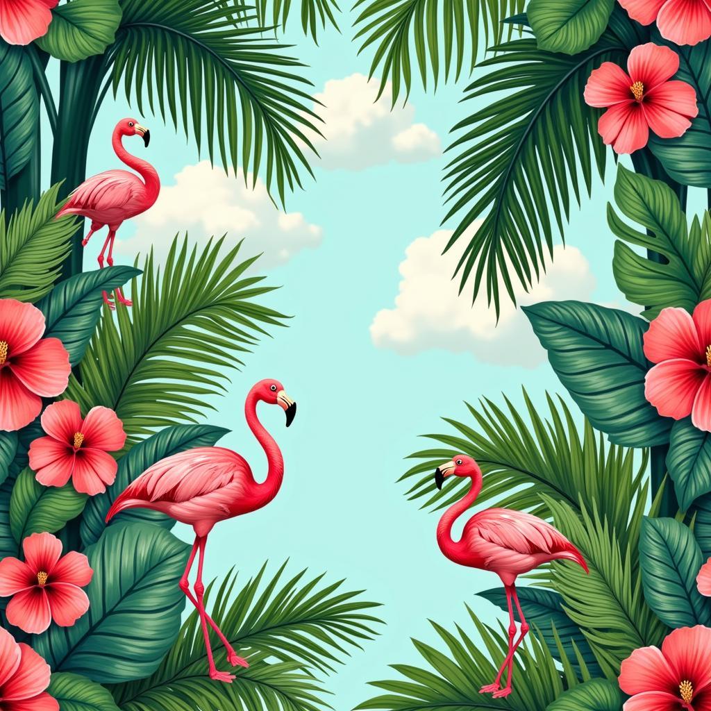 Vintage Tropical Art Wallpaper Design with Palm Trees and Flamingos