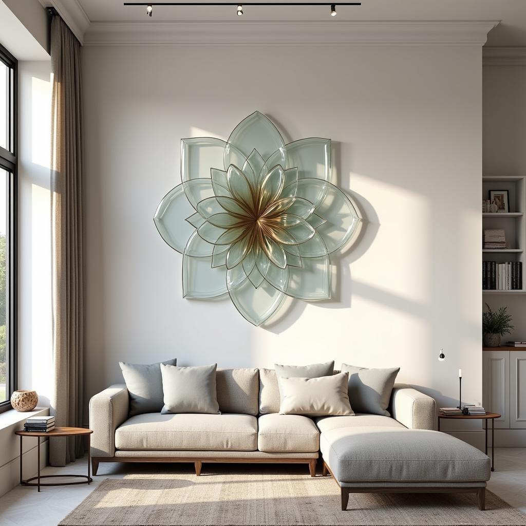 Modern living room with a stunning wall art sculpture made of glass