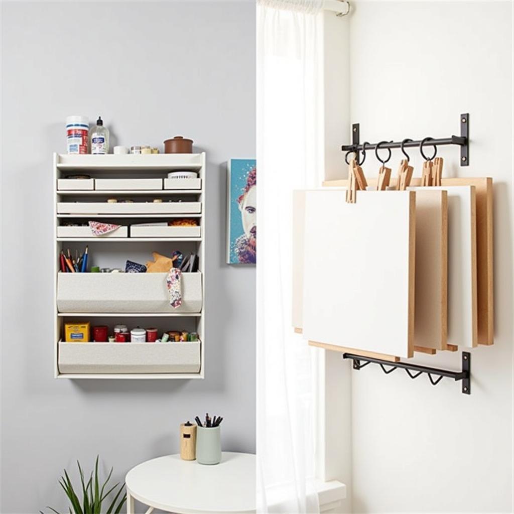 Efficient Wall-Mounted Art Supply Organizer and Drying Rack in a Studio