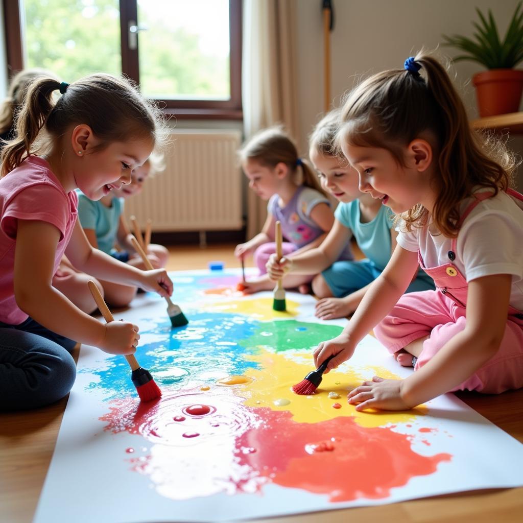 Preschoolers Engaging in Water Painting Activities