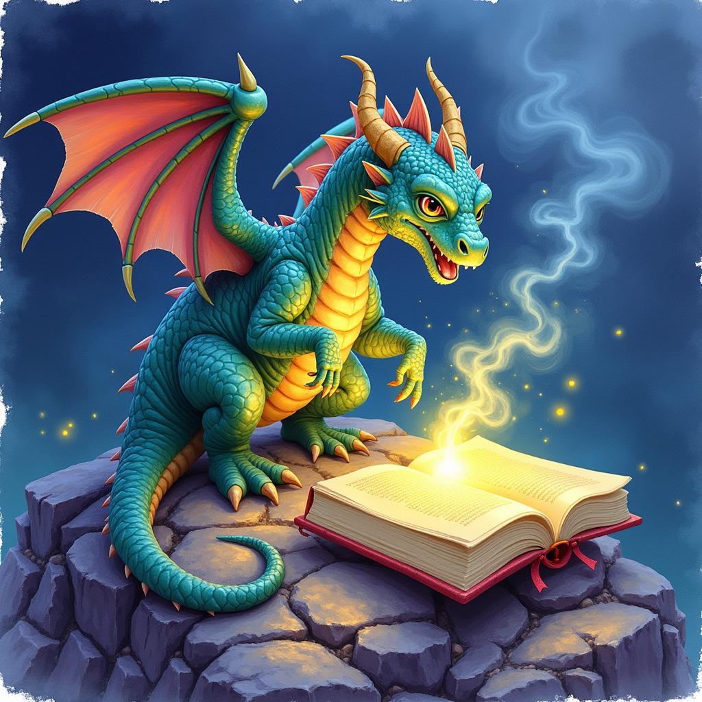 Watercolor painting of a dragon guarding a glowing book