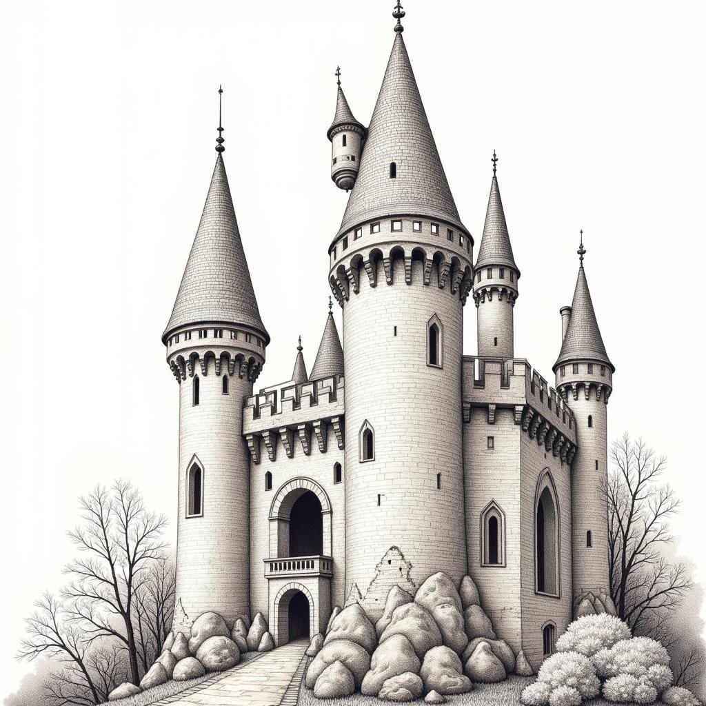 Detailed Castle Drawing with Watercolor Pencils Showing Architectural Nuances