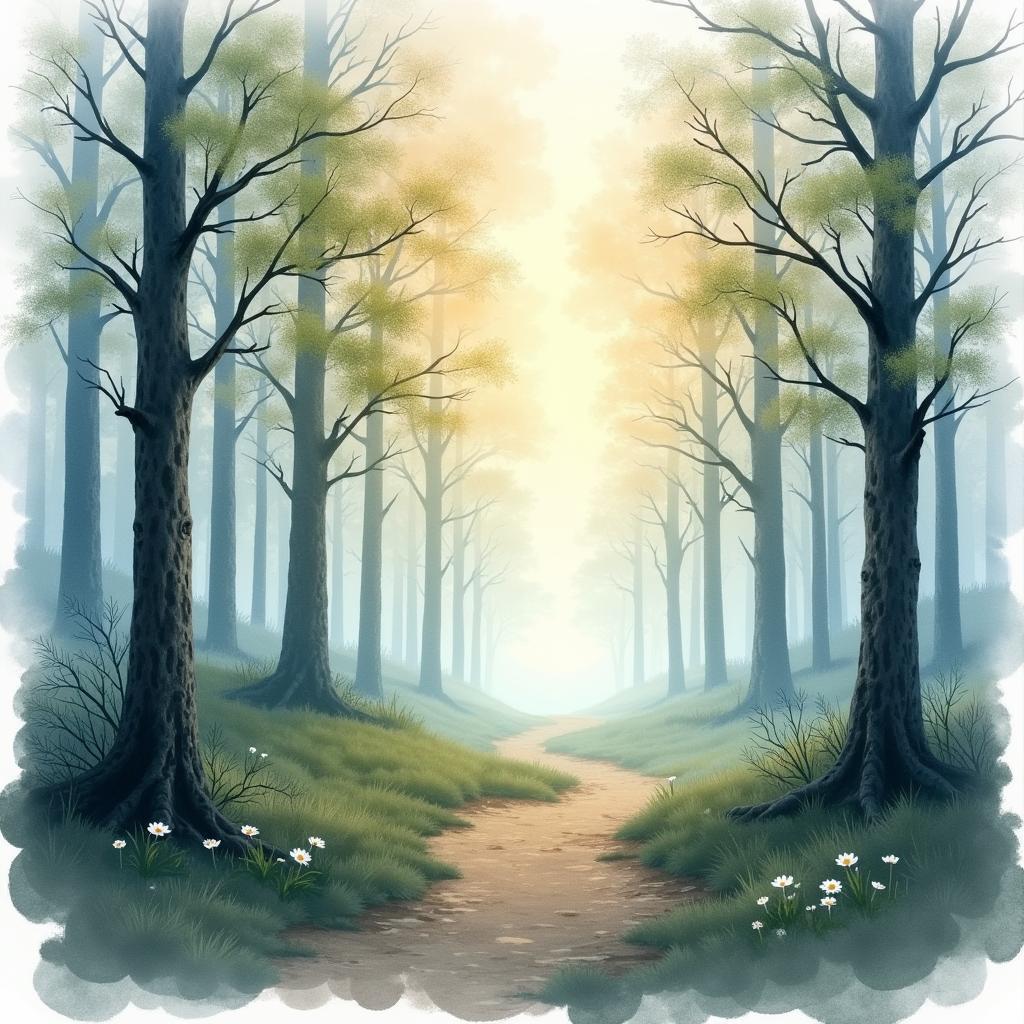 Watercolor Tree Landscape: A Misty Forest Scene