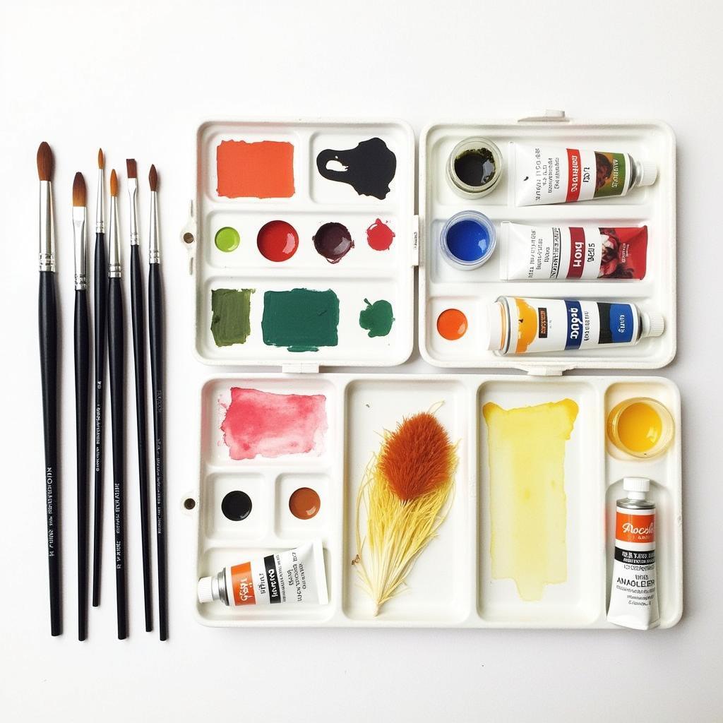 Different types of watercolour brushes and paints