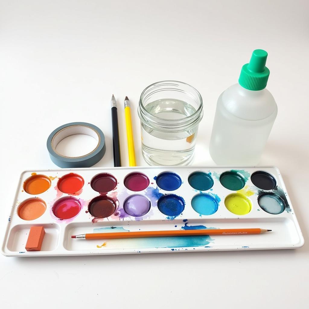 Watercolour palette, water container, masking tape, and other accessories