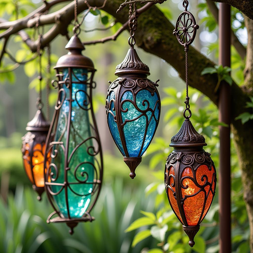 Weather-resistant garden hanging art made of metal and glass.