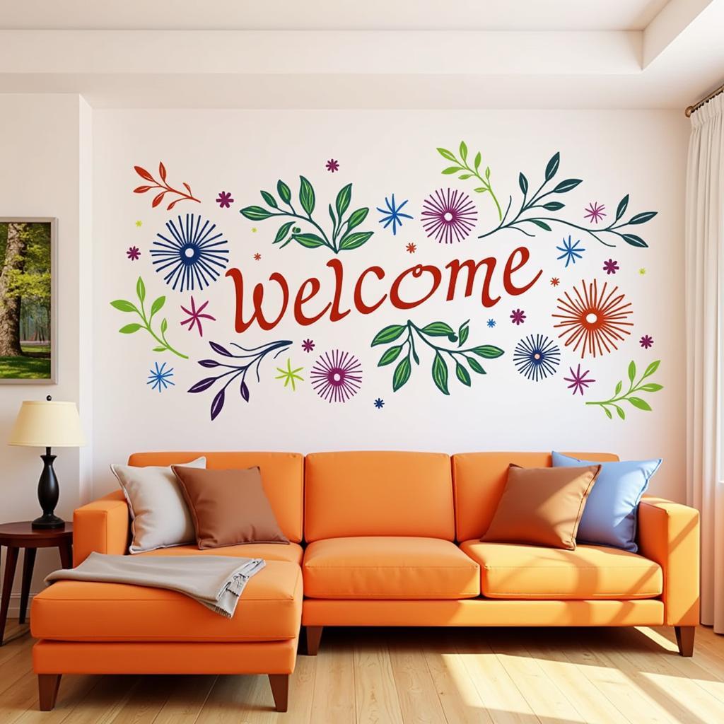 Welcome wall art stickers in a living room setting