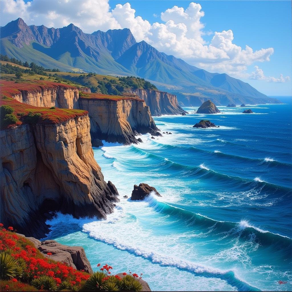 West Coast Landscape Painting depicting the Pacific Ocean and Coastal Mountains