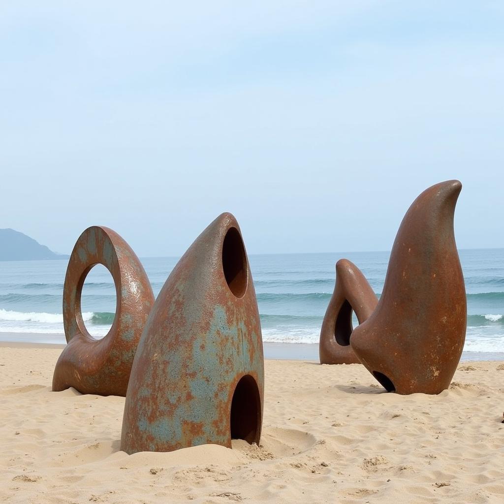 Outdoor sculpture installation on a beach, featuring abstract metal forms interacting with the natural environment.