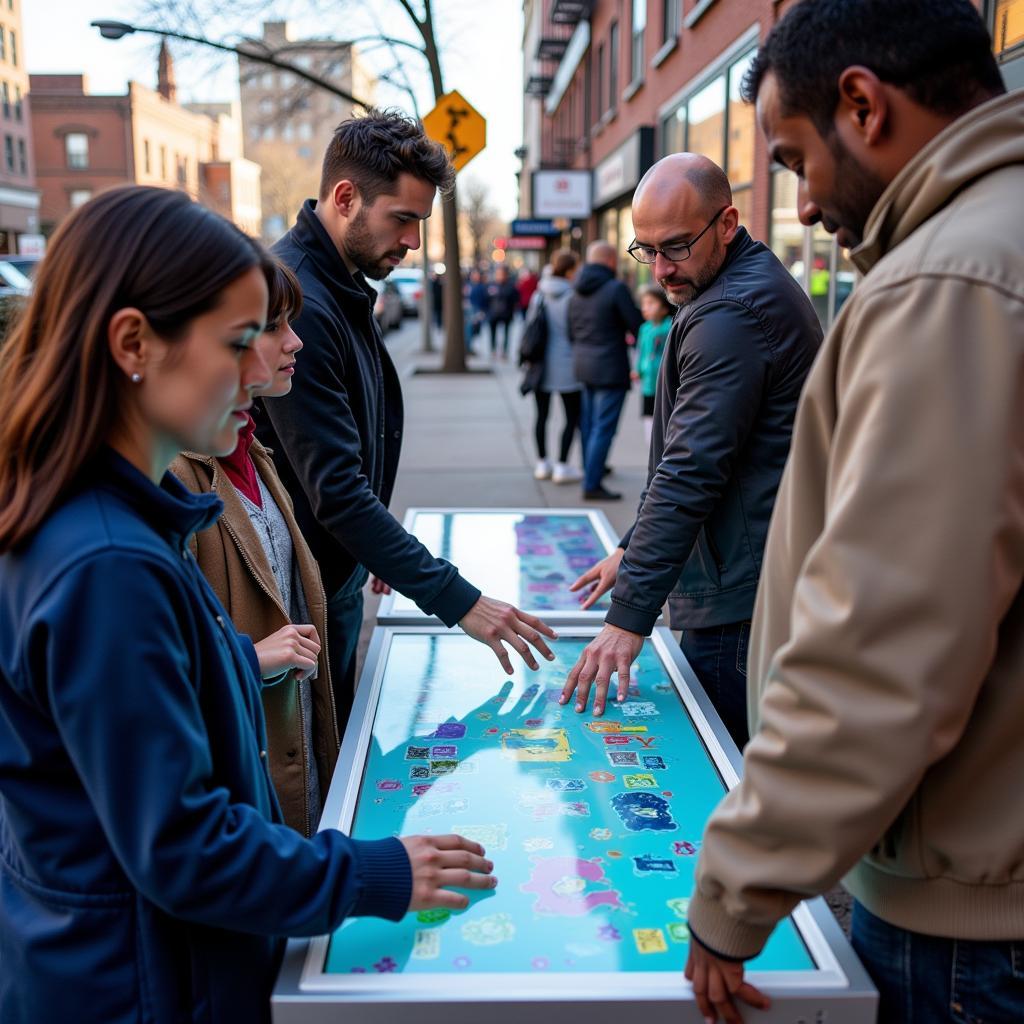 Community members engaging with interactive digital art installations on West Reading Avenue.