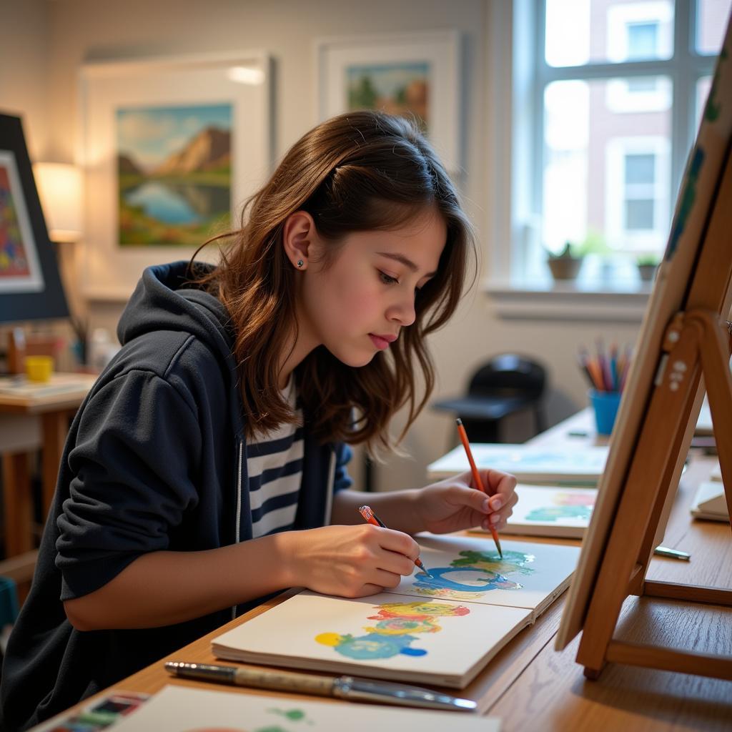 A student focused on painting in a Westchester art class.