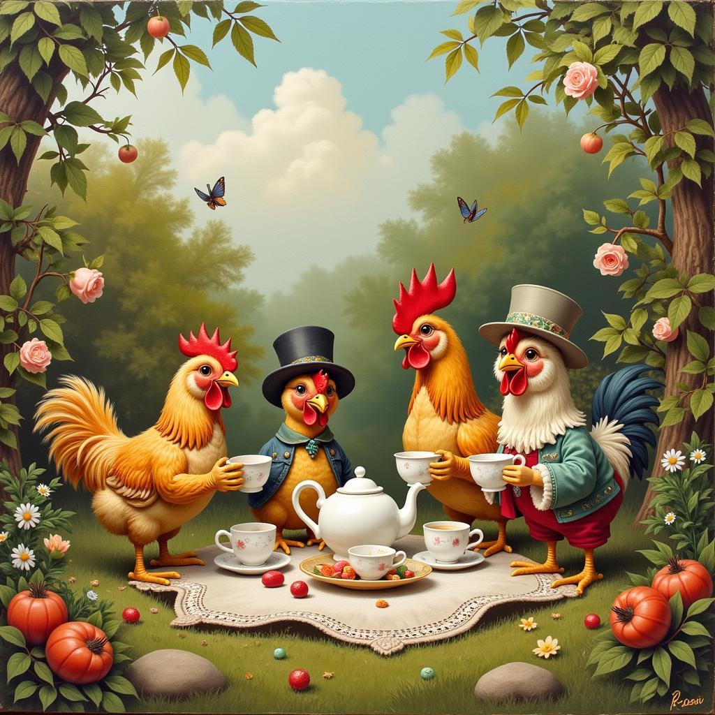 Whimsical Chicken Painting: A Tea Party