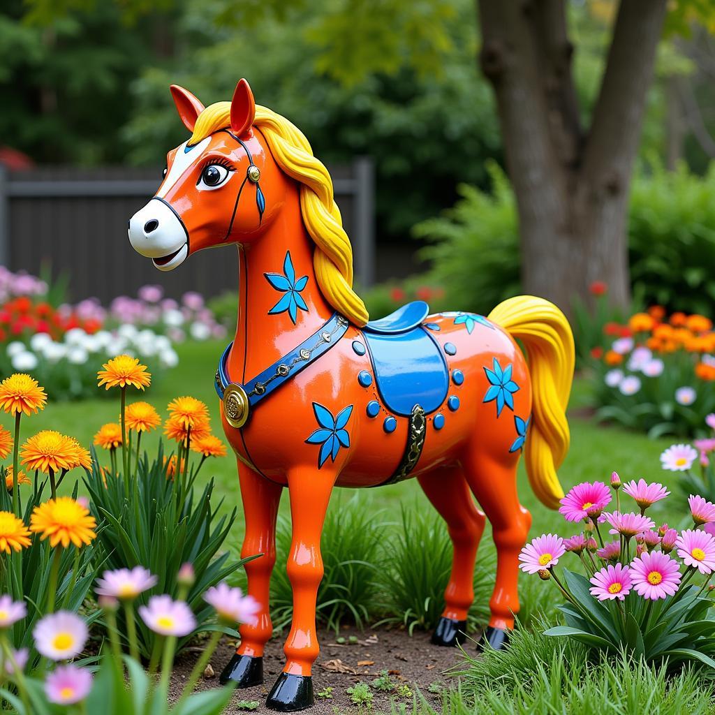 Whimsical Horse Metal Yard Art in a Colorful Garden