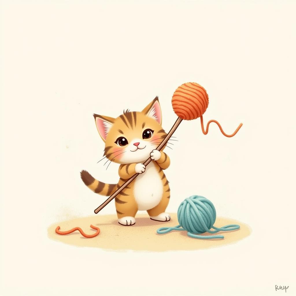 Whimsical tabby cat art depicting a kitten playfully entangled in yarn.