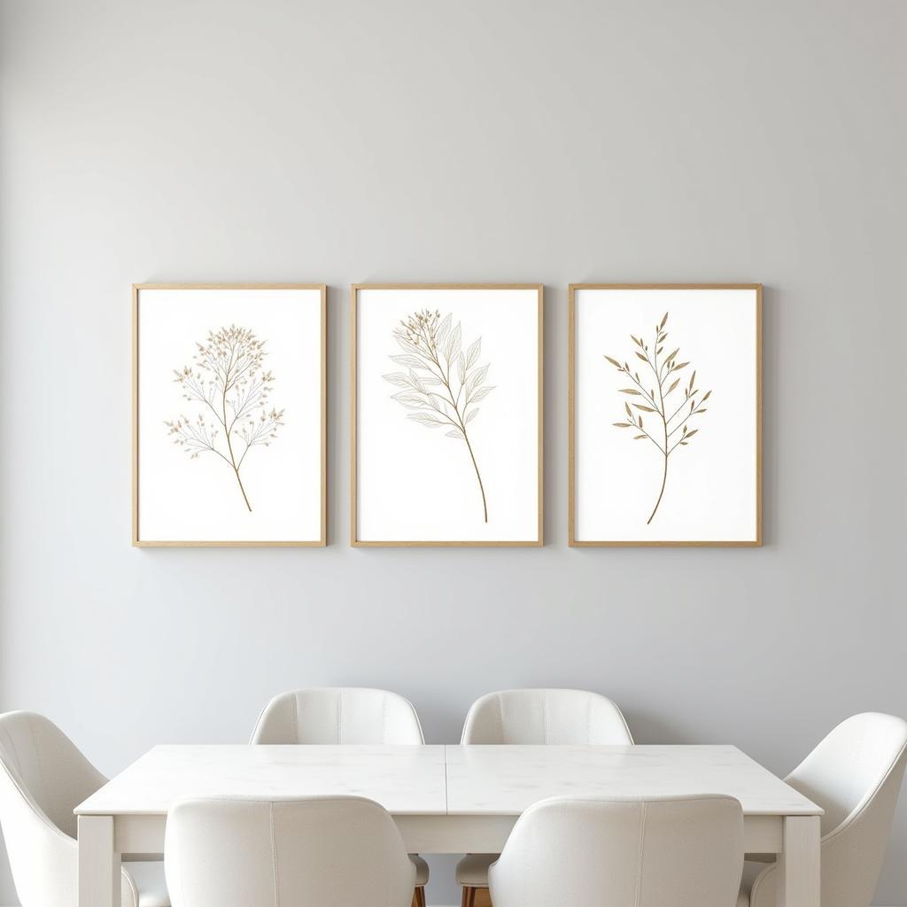 White and gold framed botanical print in a dining room