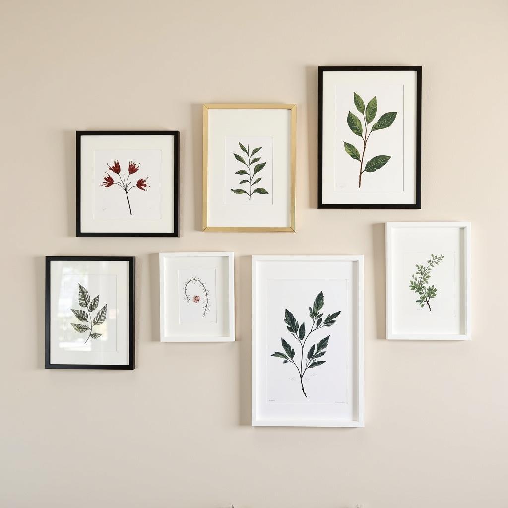 A gallery wall featuring various white and gold framed art pieces.