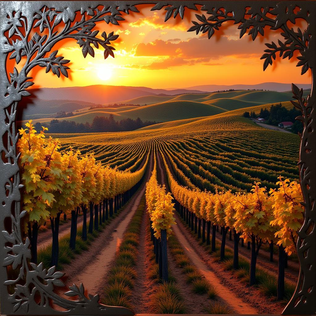 Metal wall art depicting a vineyard scene