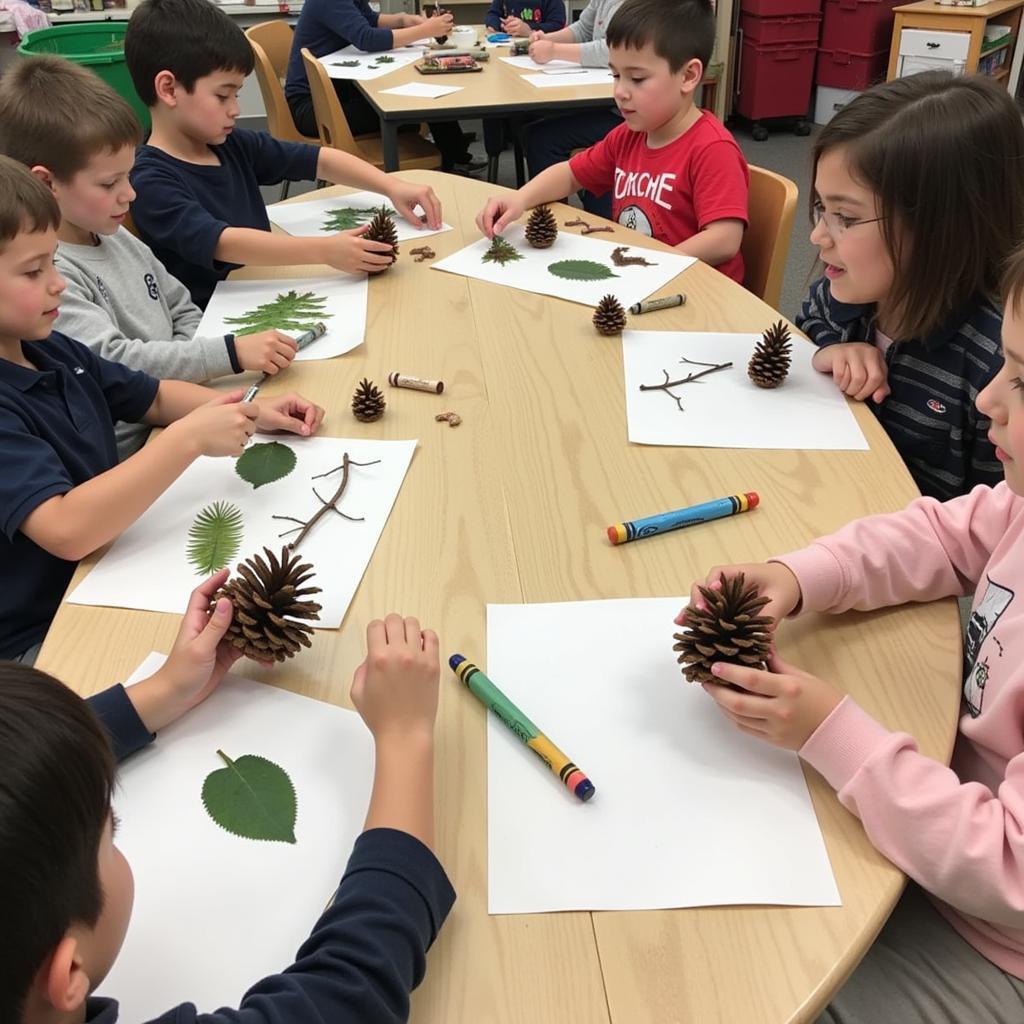 First-grade students create art using natural winter elements.