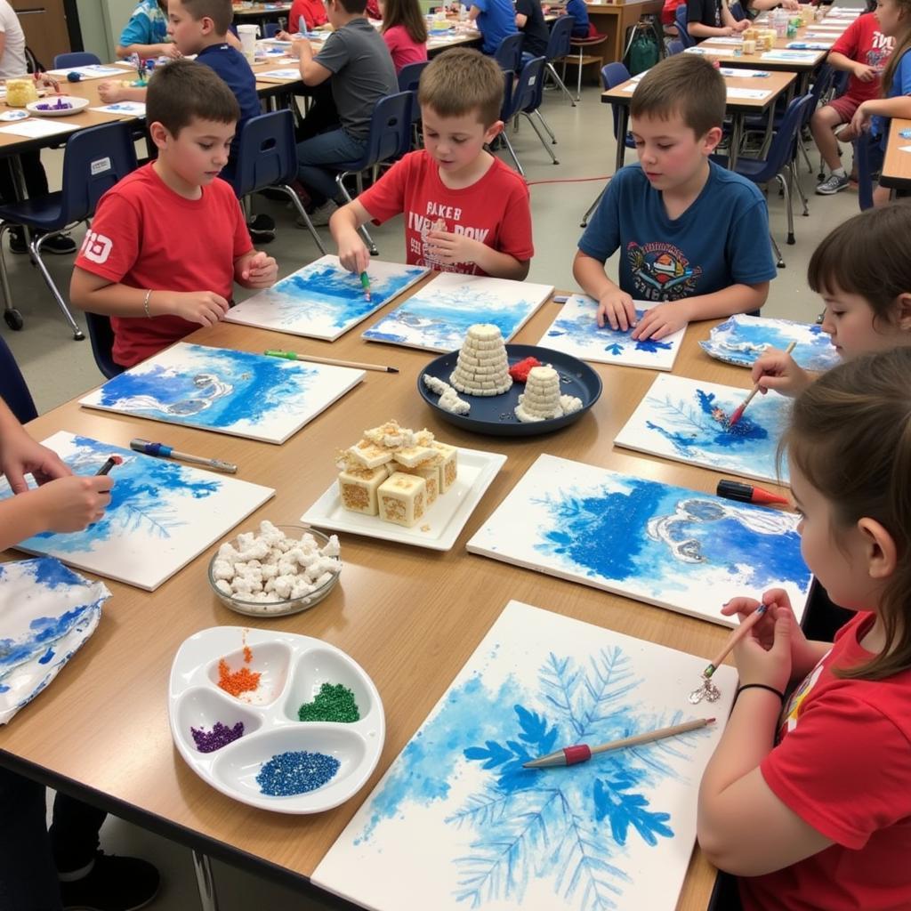 First graders creating winter wonderland art projects.