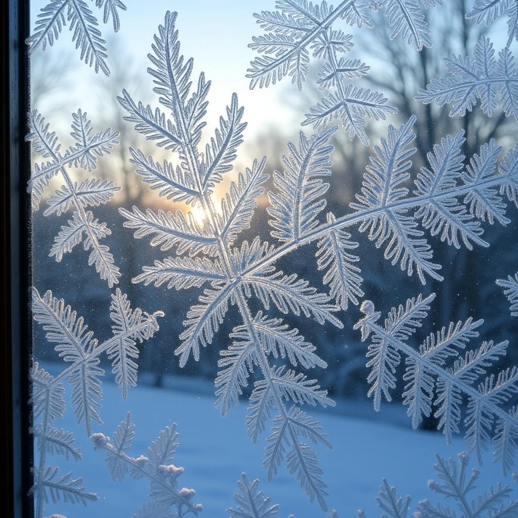 Close-up photograph of intricate frost patterns on a window