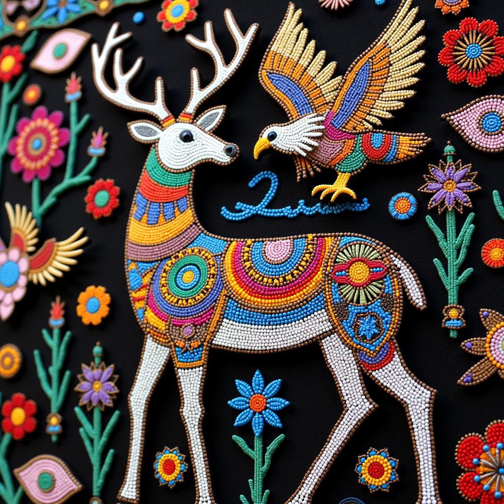 Wixarika beaded art depicting a deer and eagle