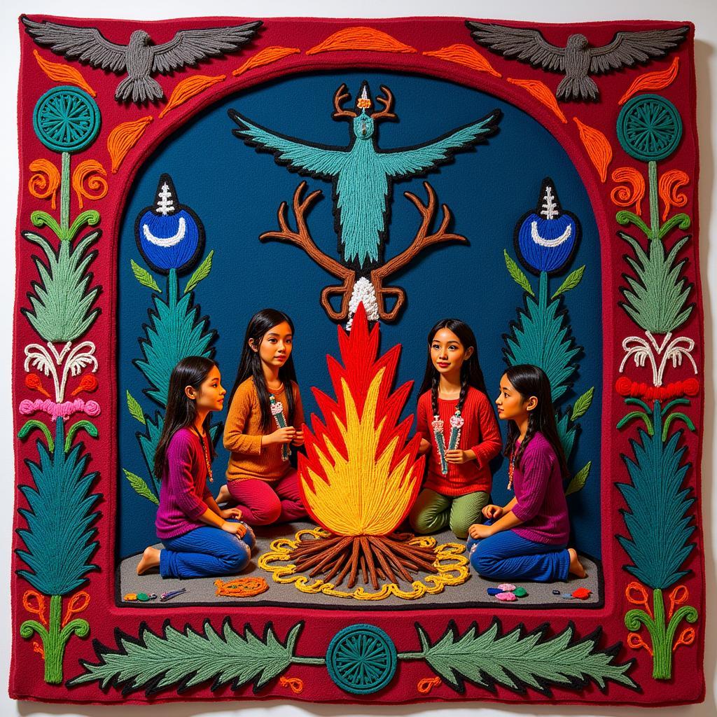 Wixarika yarn painting depicting a peyote ceremony