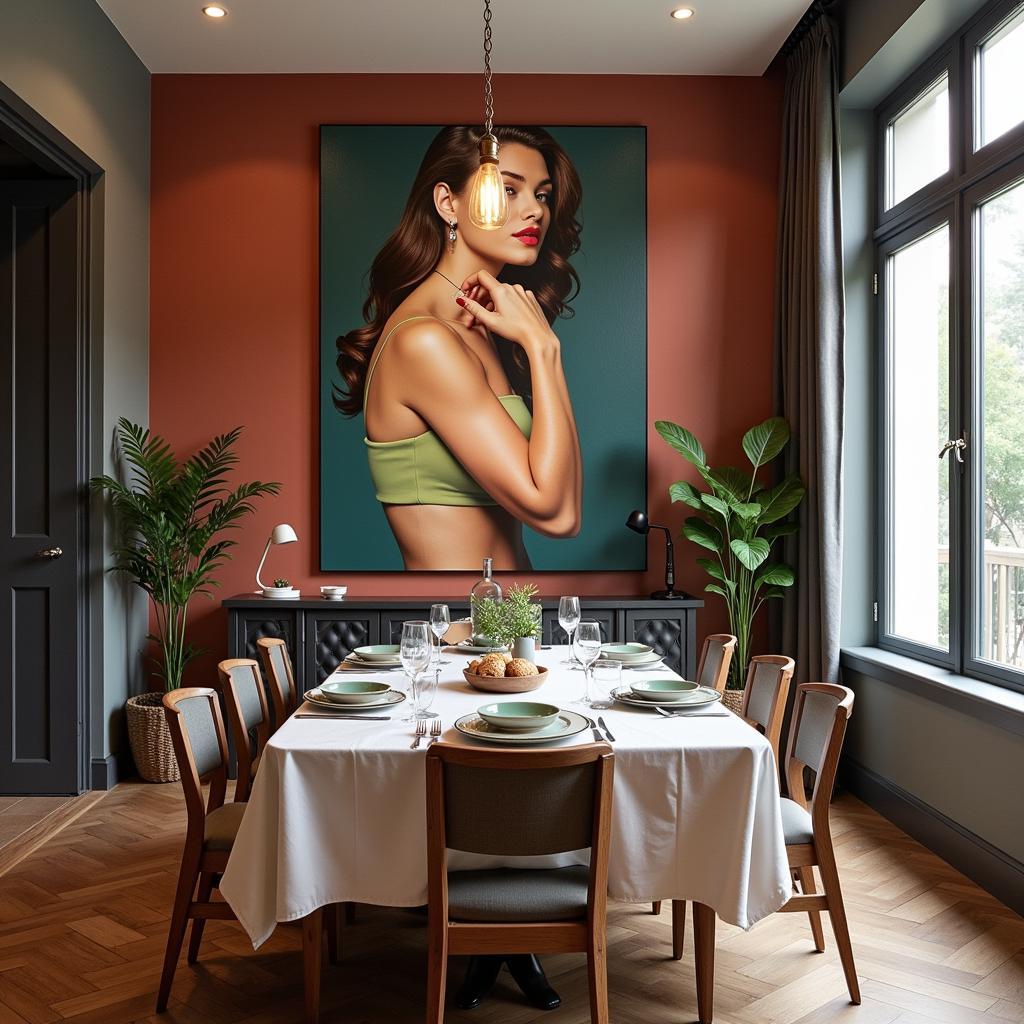 Dining Room with Woman Canvas Wall Art as a Conversation Piece