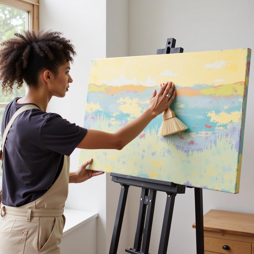 Woman cleaning a large horizontal canvas painting