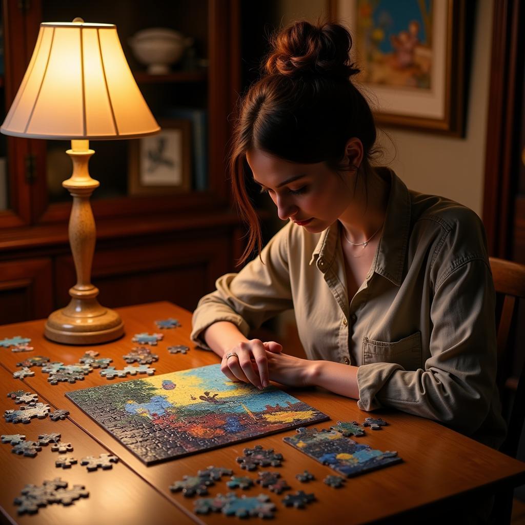 Woman Completing an Art Jigsaw Puzzle