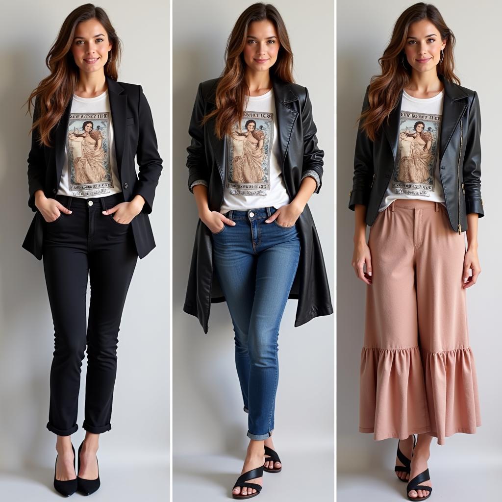 Woman styling an Art Nouveau t-shirt with different outfits