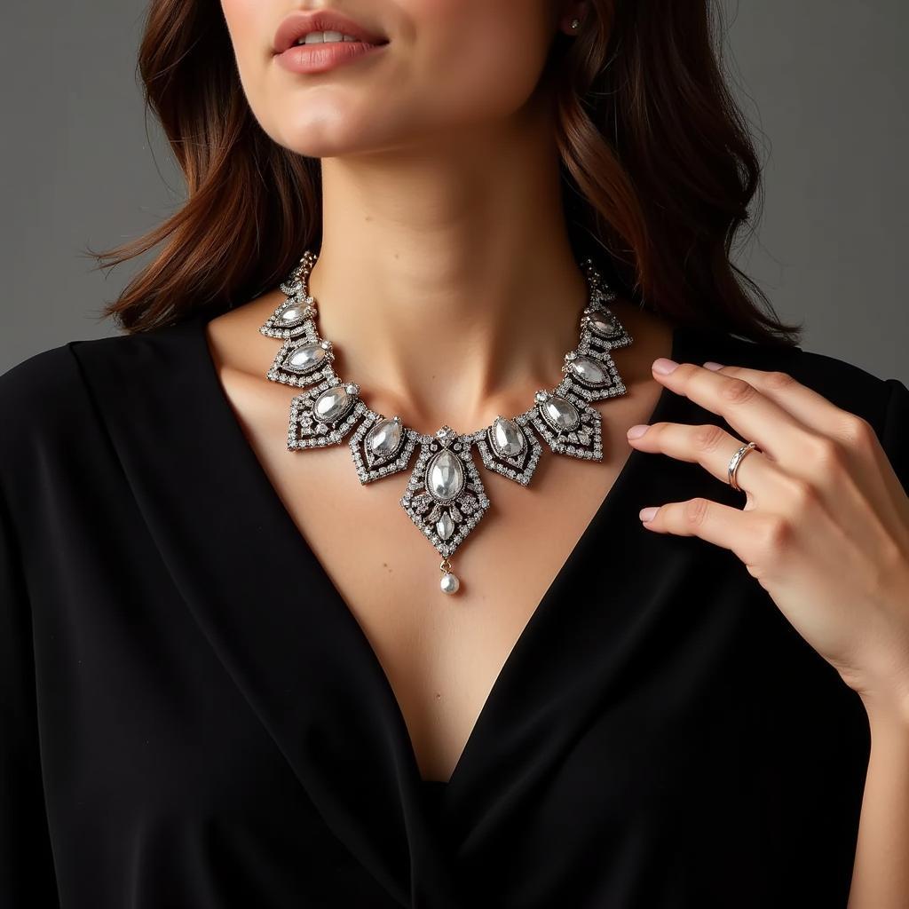 Woman Wearing an Art Deco Marcasite Necklace with a Black Dress